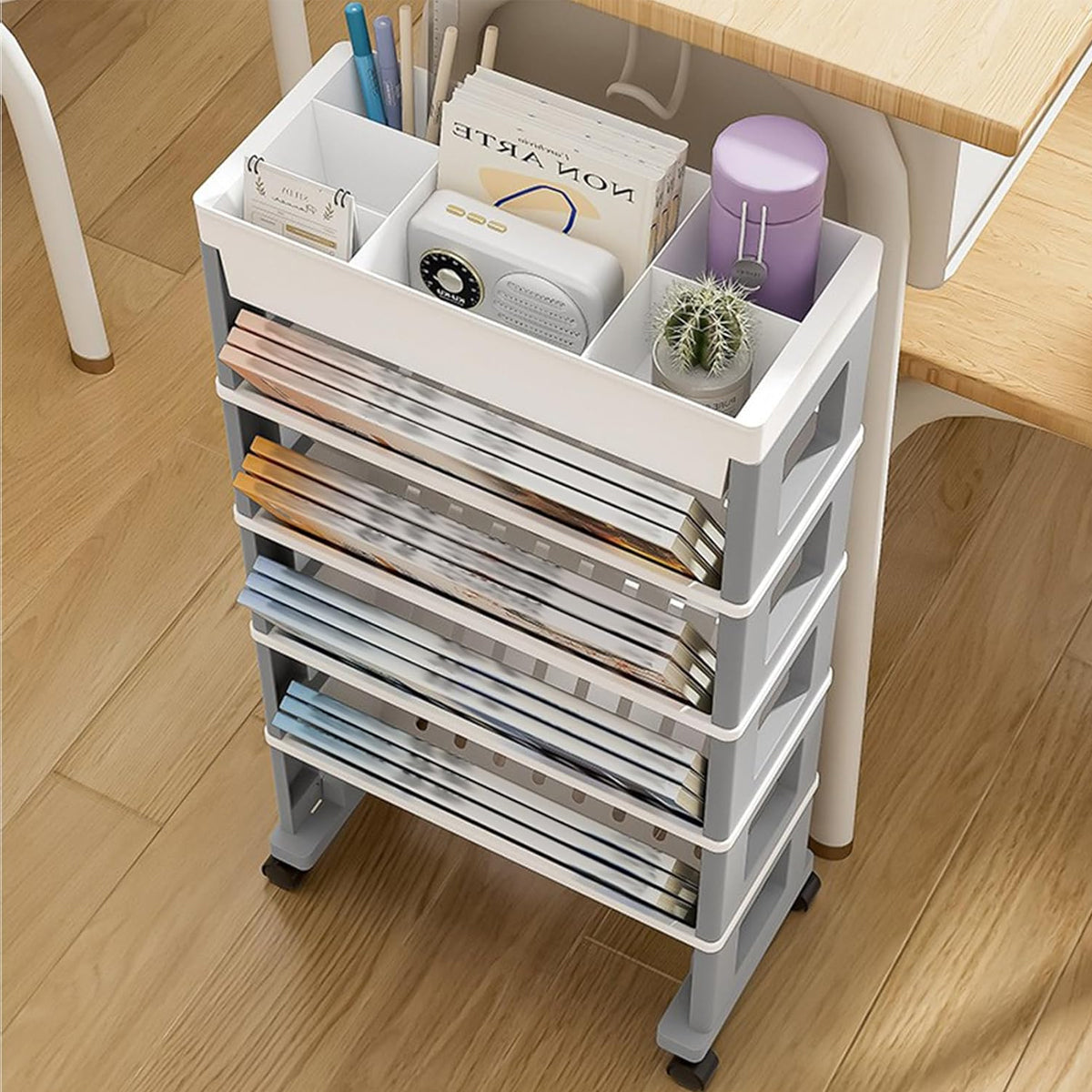 Movable Trolley Book Storage Rack with Four Layers