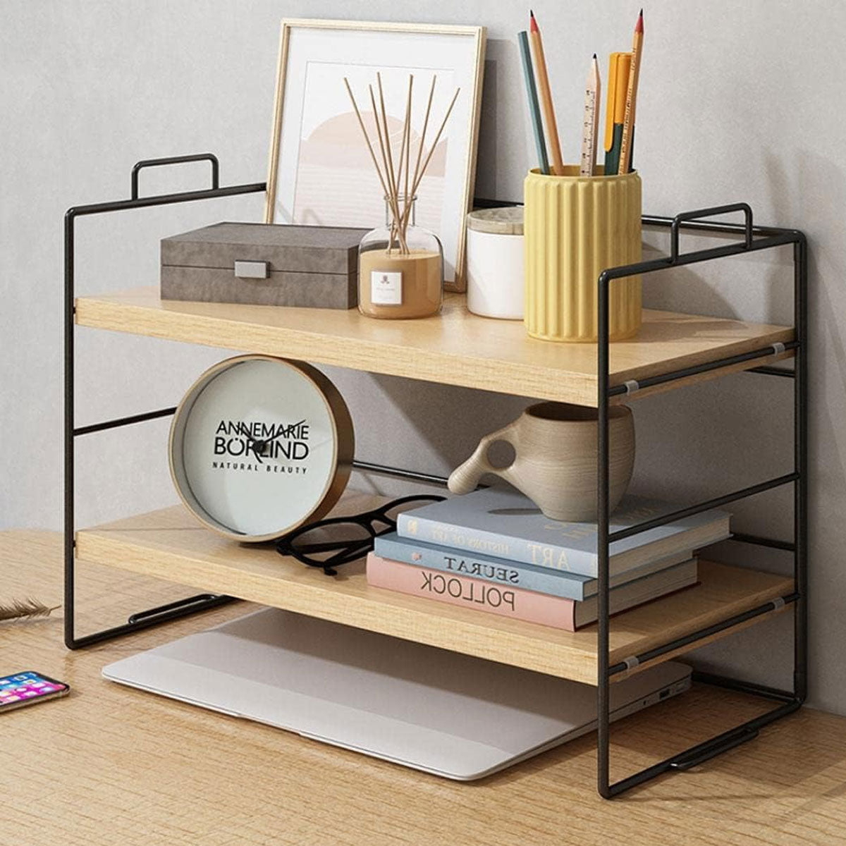 2-Tier Desktop Shelf Metal Frame and Wood Shelves