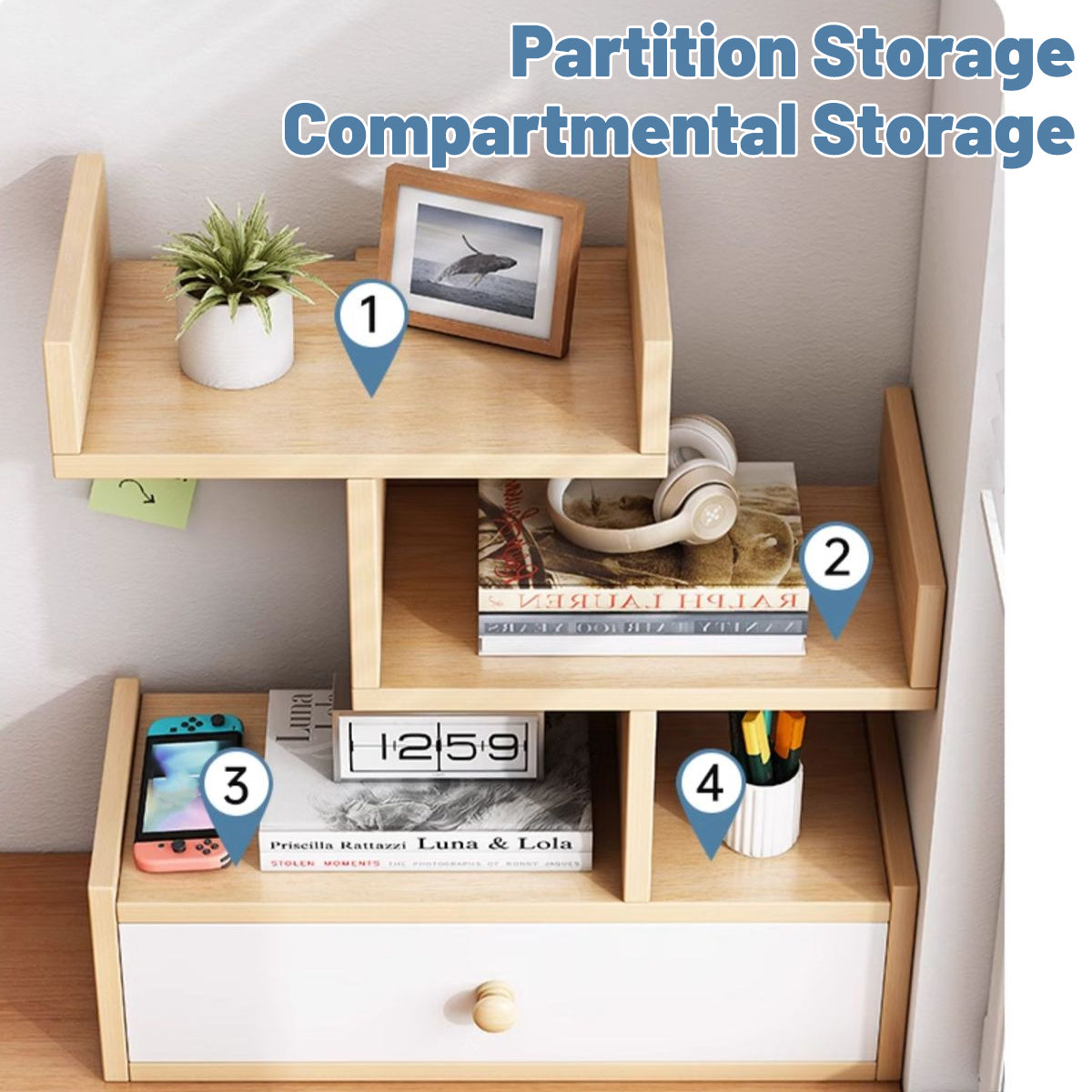 Multi Layer Wooden Desktop Shelf with Drawers Home Office Sturdy