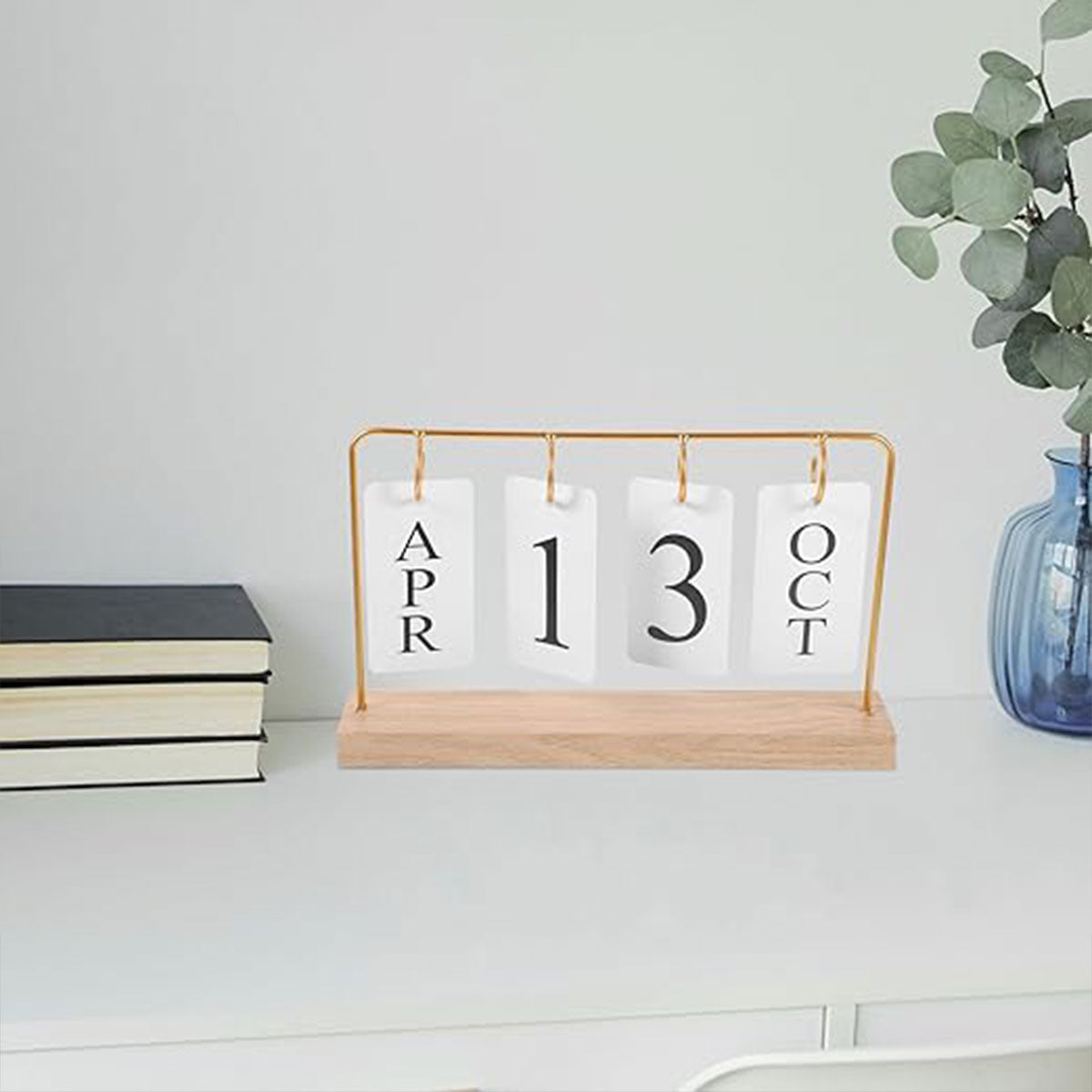 Wooden Desk Calendar Perpetual with Metal Rings Black Gold