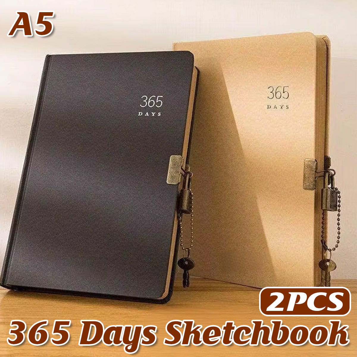 2 Pcs Kraft Paper Notebooks 365-Day Planner Cowhide Lock
