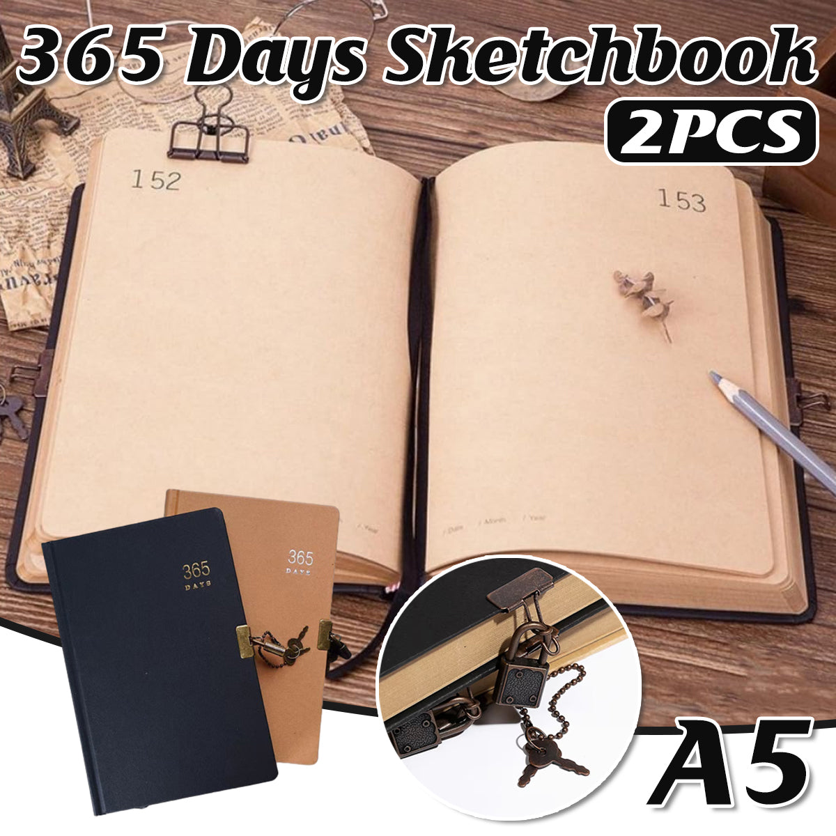 2 Pcs Kraft Paper Notebooks 365-Day Planner Cowhide Lock