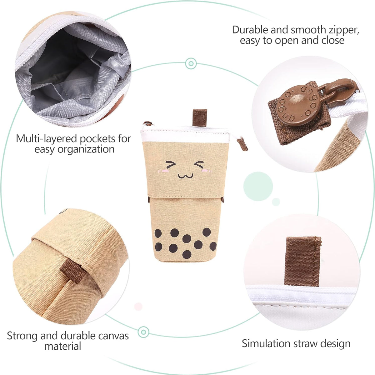 2 Pcs Bubble Tea Telescopic Pencil Case Canvas Beige Pink