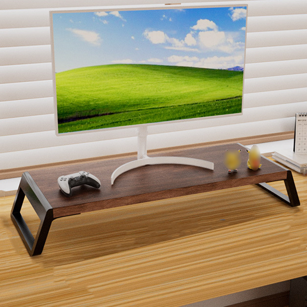Computer Monitor Riser with Hidden Storage Wood Top Metal