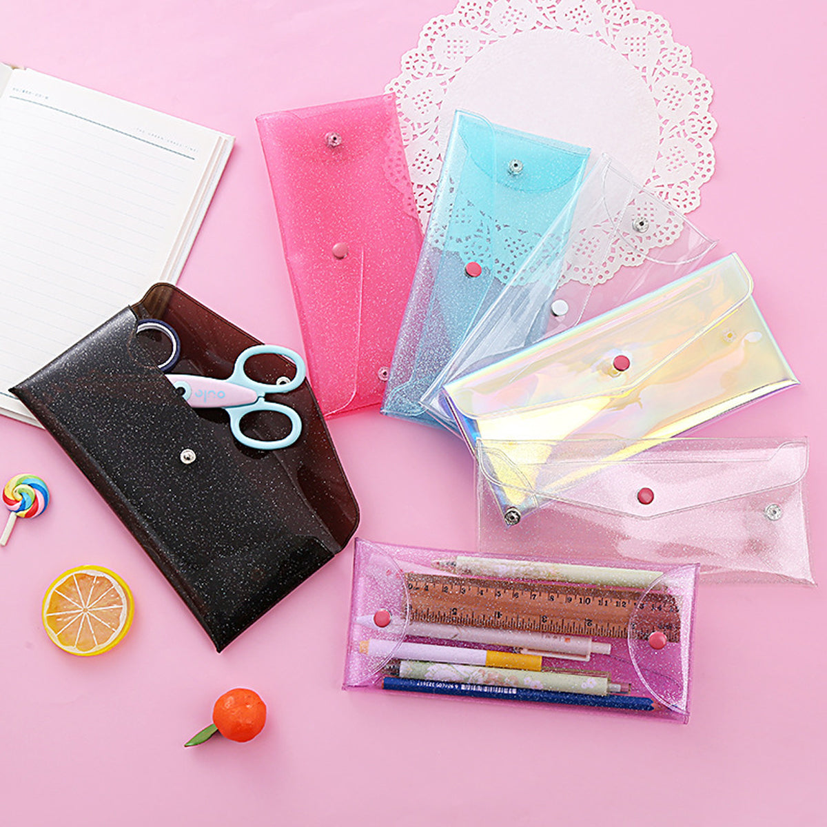 7 Pcs Transparent Pencil Bags PVC Snap Button Assorted Colours