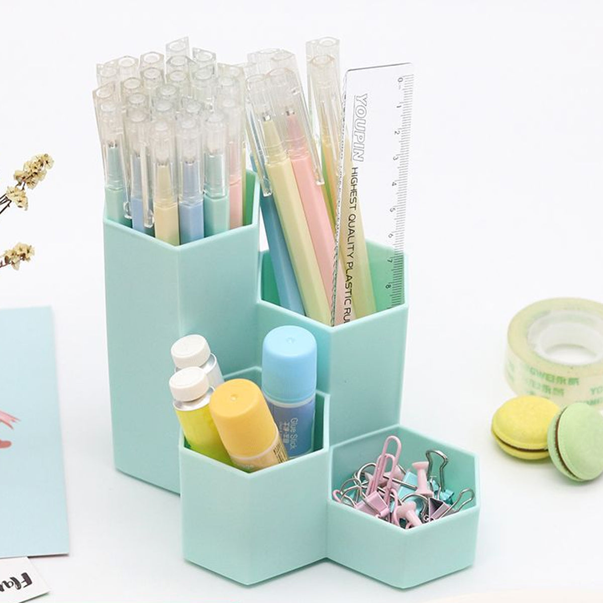 2 Pcs Hexagonal Pen Holder Macaron Colour PP Desk Organiser