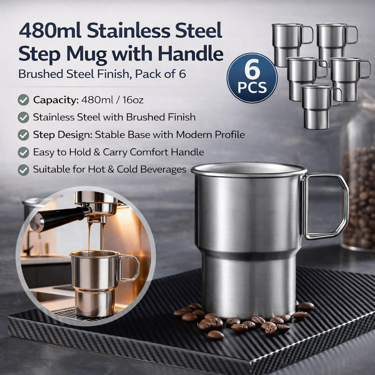 6 Pcs Stainless Steel Step Mugs 480ml Foldable