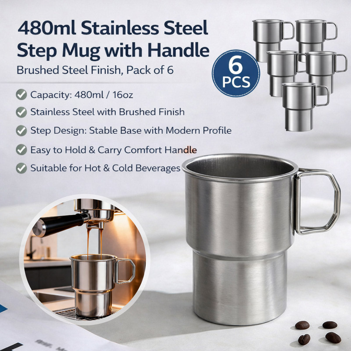 6 Pcs Stainless Steel Step Mugs 480ml Foldable