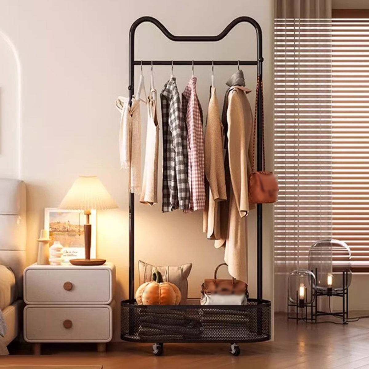 Moveable Clothes Rack with Wheels Basket and Hooks