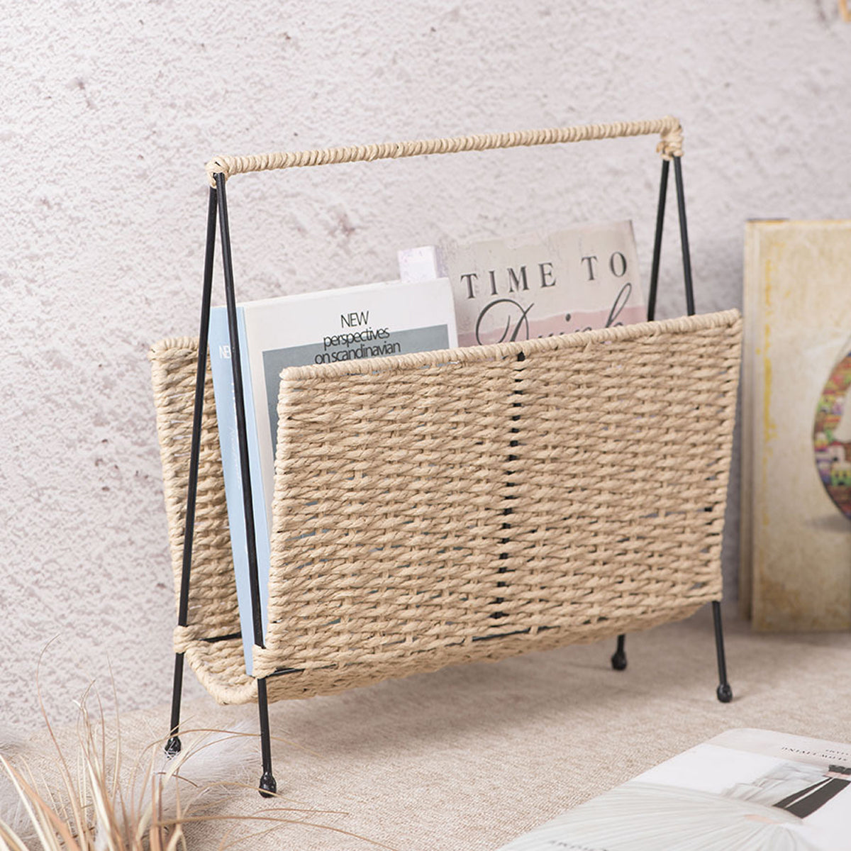 Hand-Woven Paper Rope Storage Basket with Iron Frame Natural