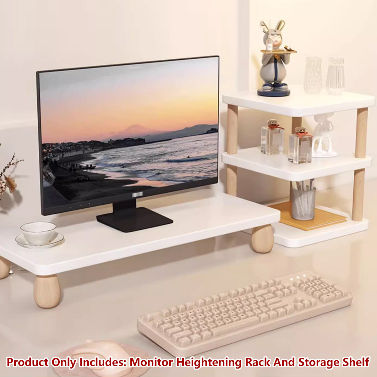 2 Pcs Monitor Riser and Desktop Storage Shelf MDF Beech Wood