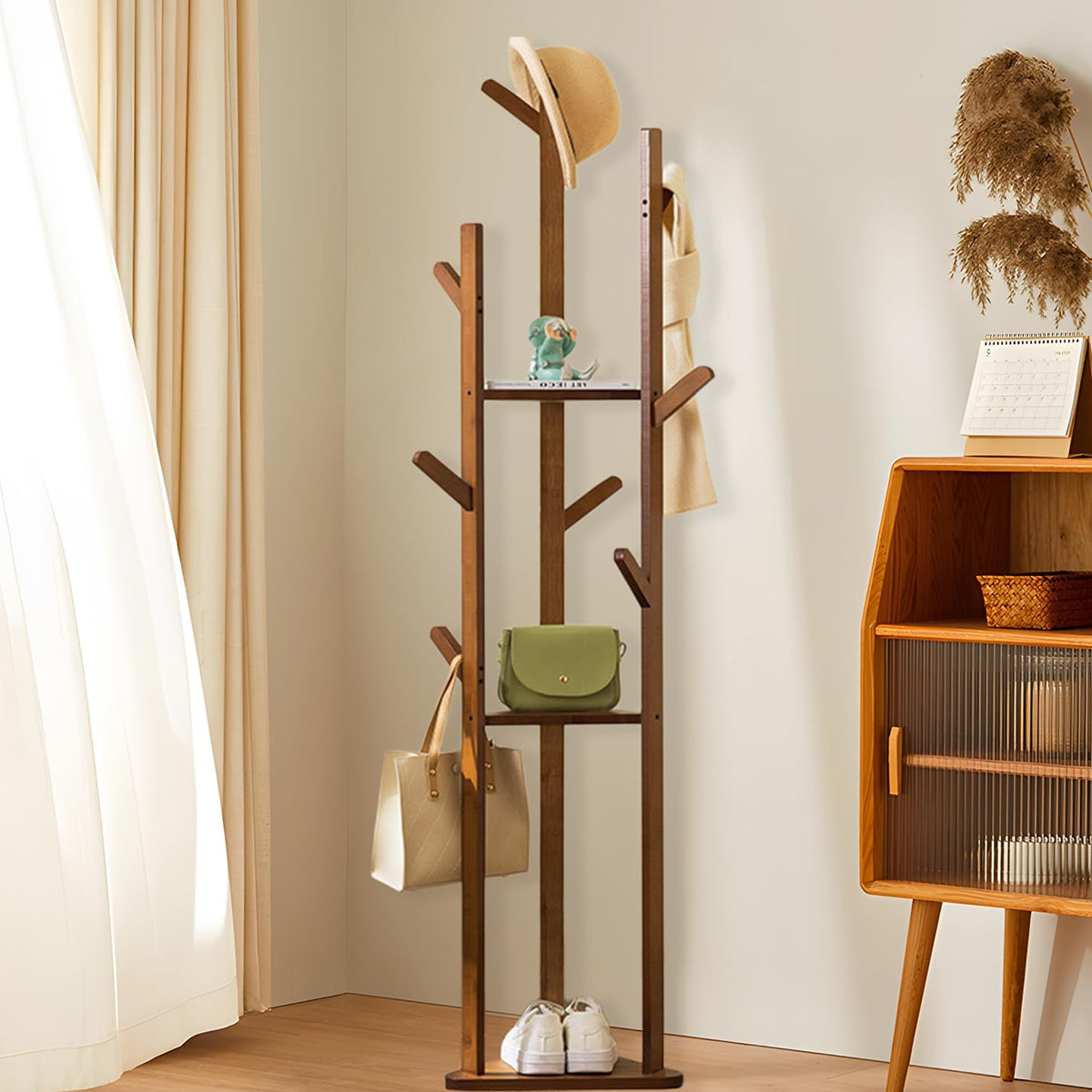 Bamboo Floor Standing Clothes Rack with 8 Hooks