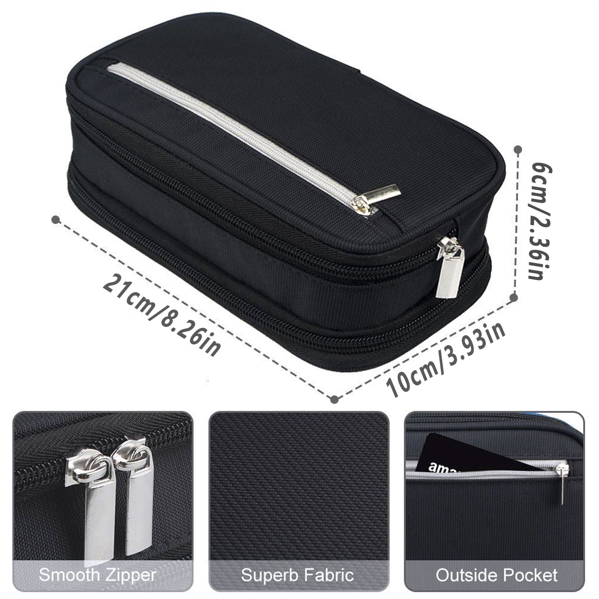 2 Pcs Large Capacity Pencil Case Waterproof 3 Layer Black Grey