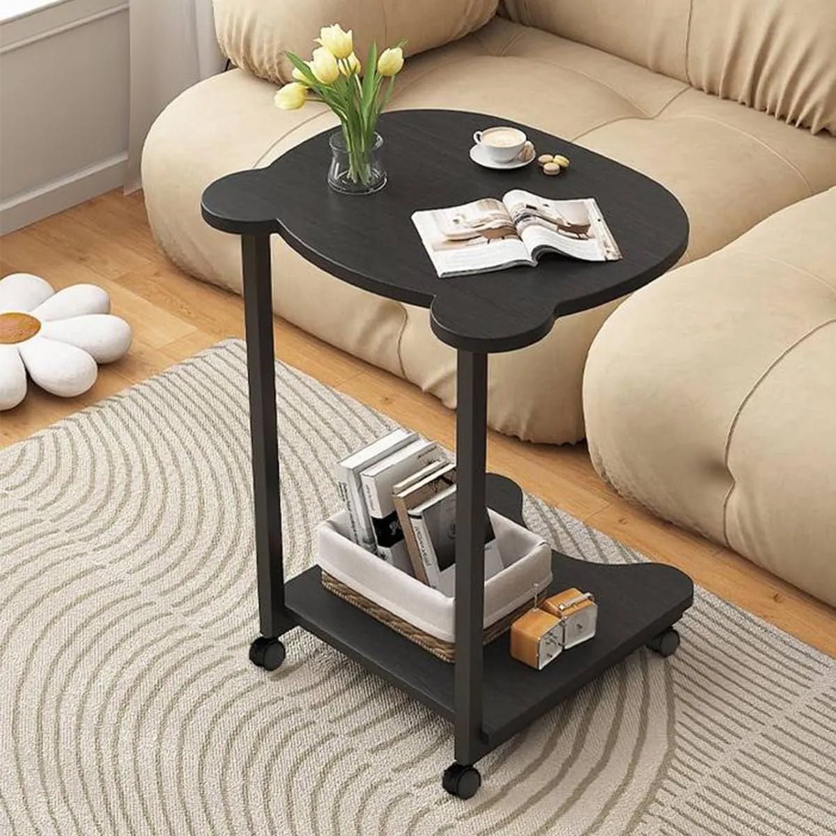 Black Mobile Side Table with Wheels Two Tier Storage Design