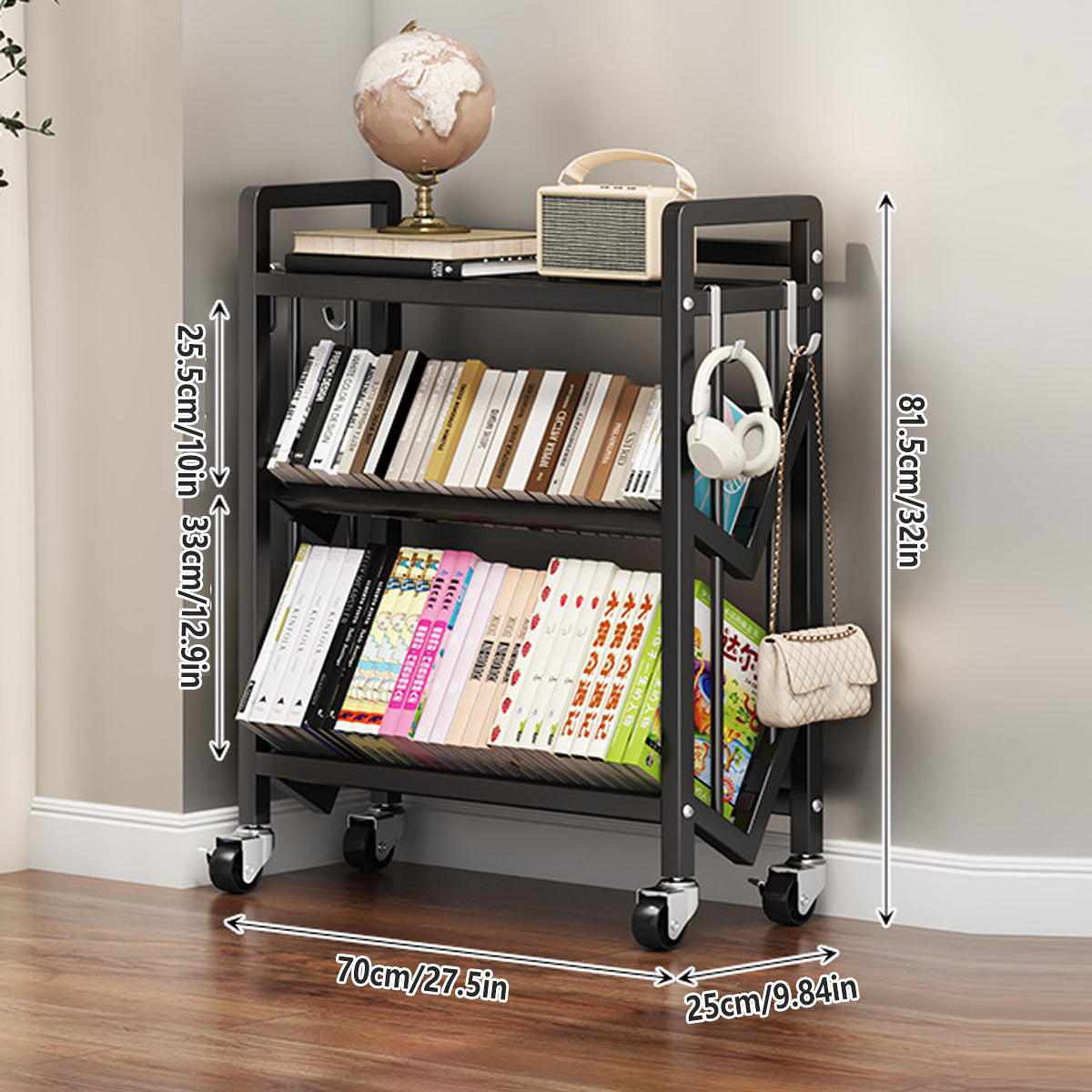 3-Tier Steel Storage Rack Bookshelf Rolling Mobile Home Organizer