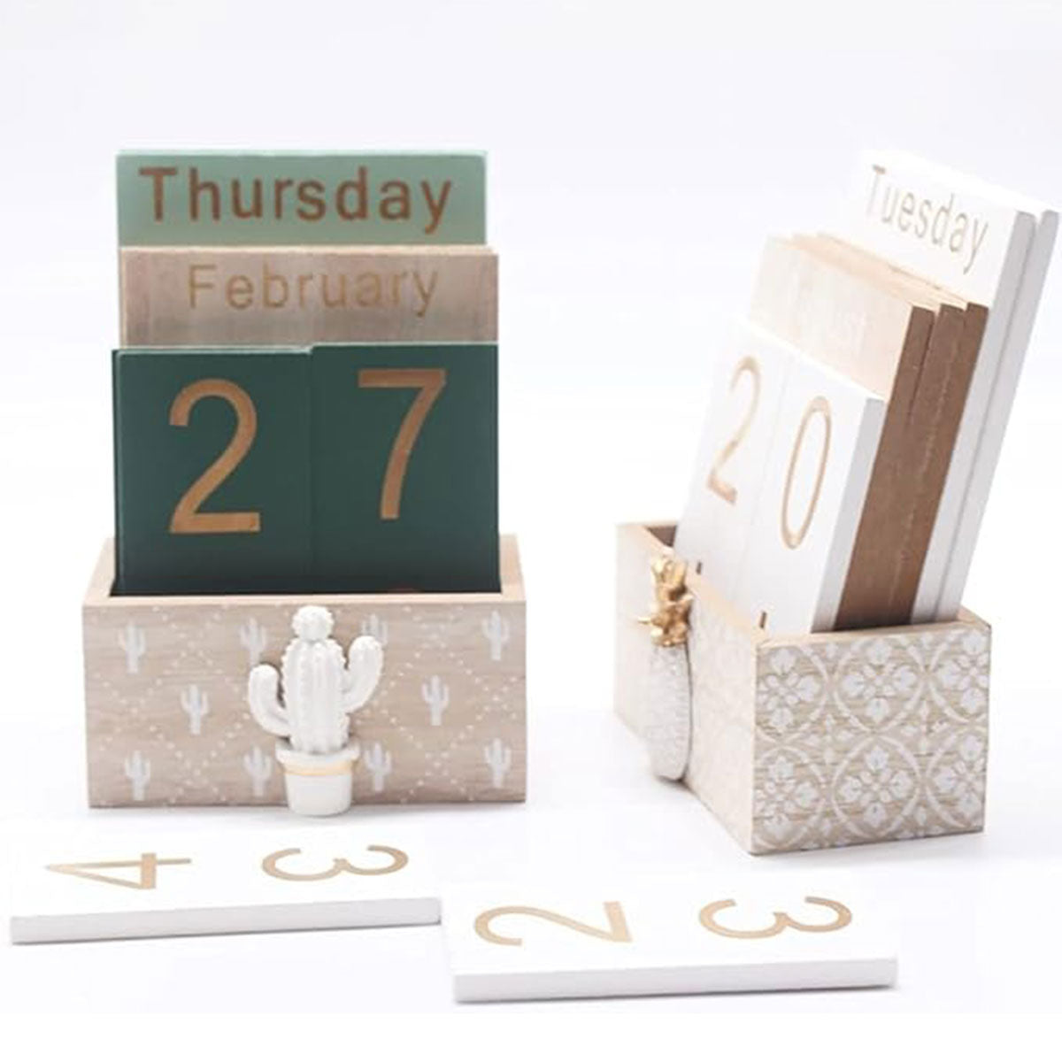 Wooden Perpetual Desk Calendar Retro Block Desktop Decor