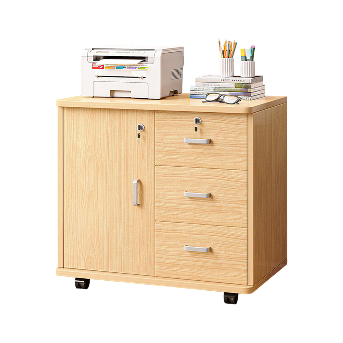 Movable Filing Cabinet with Wheels Locking Doors and Drawers