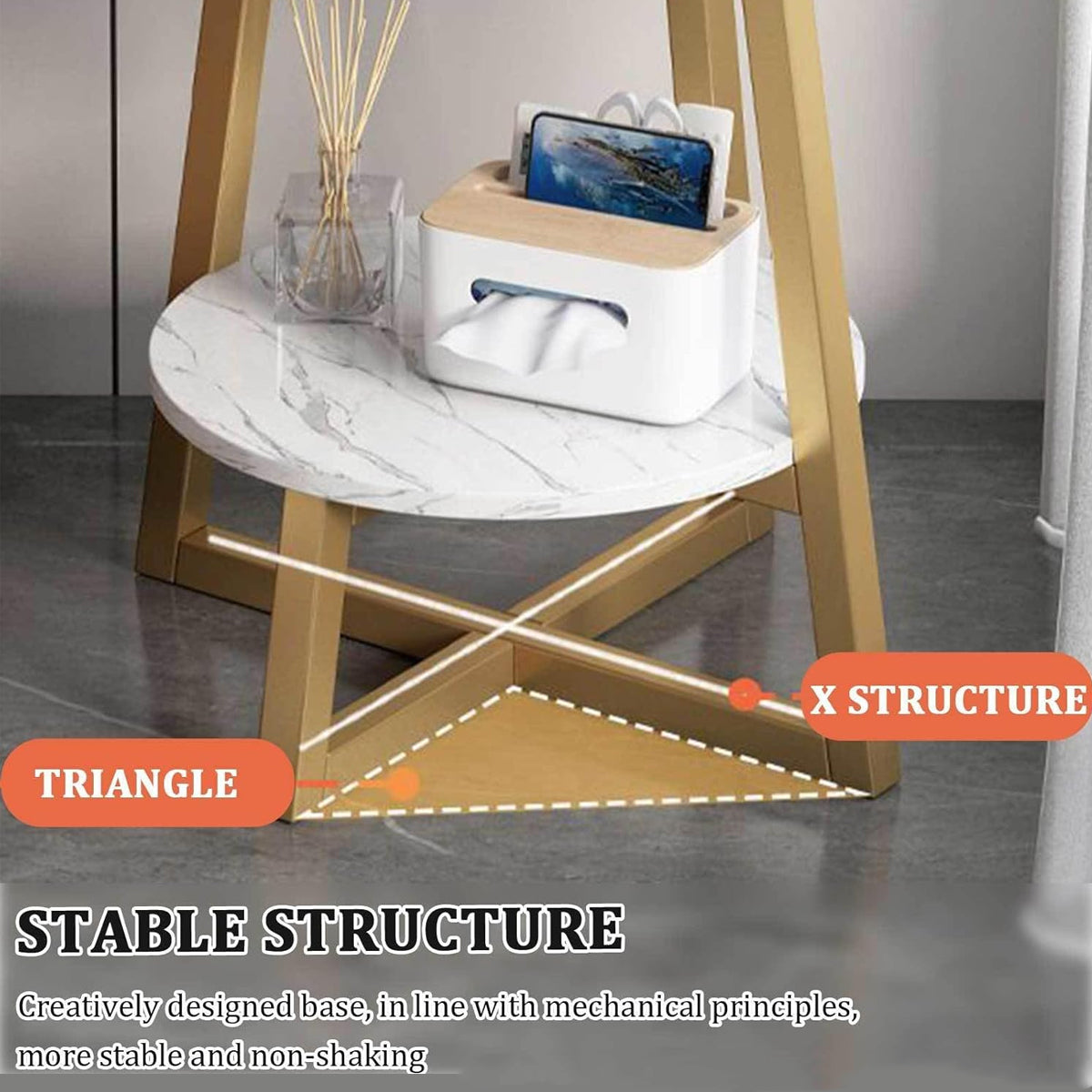 2 Tier Round Side Table White Marble Design Metal Frame