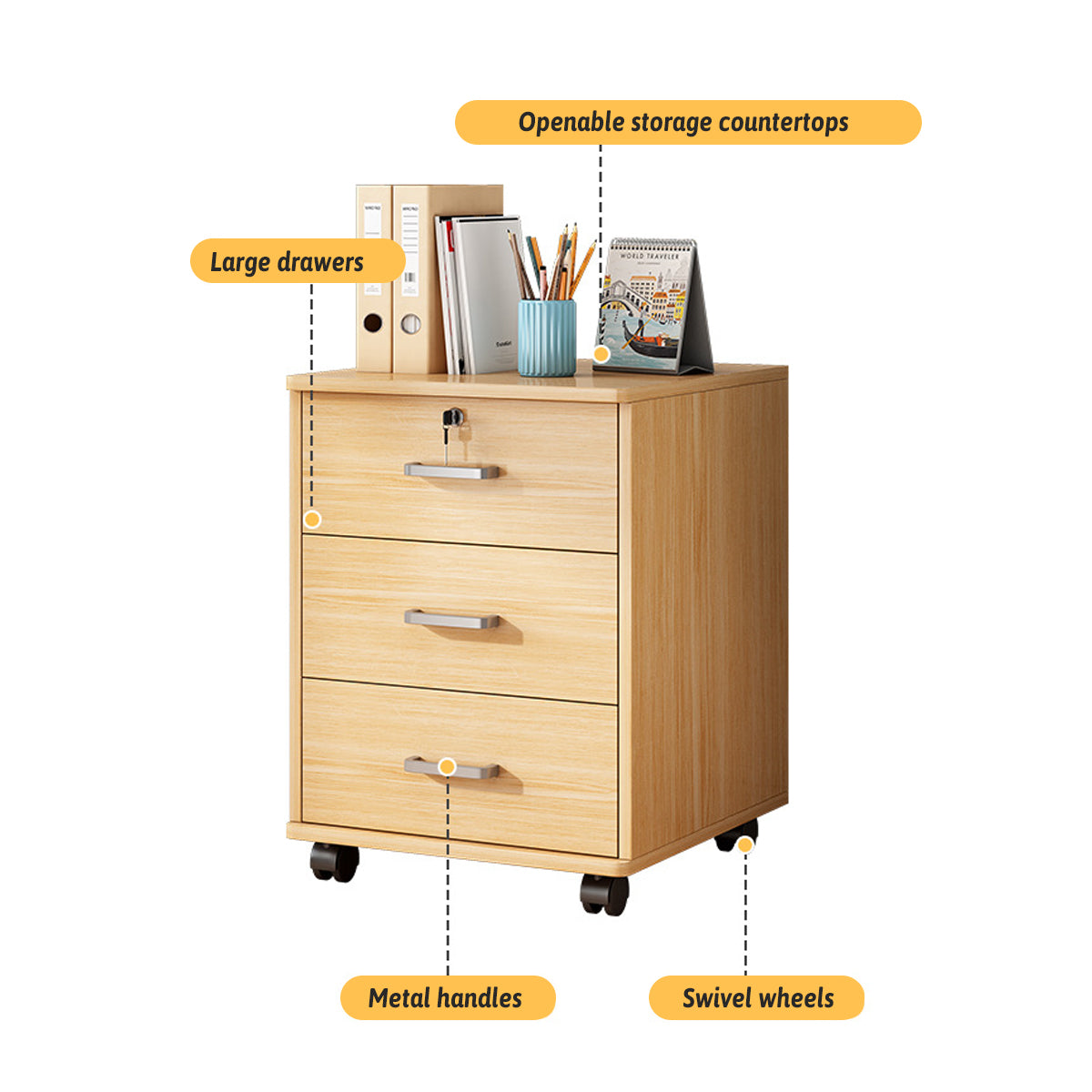 3-Drawer Rolling File Cabinet with Lock for Under-Desk Use
