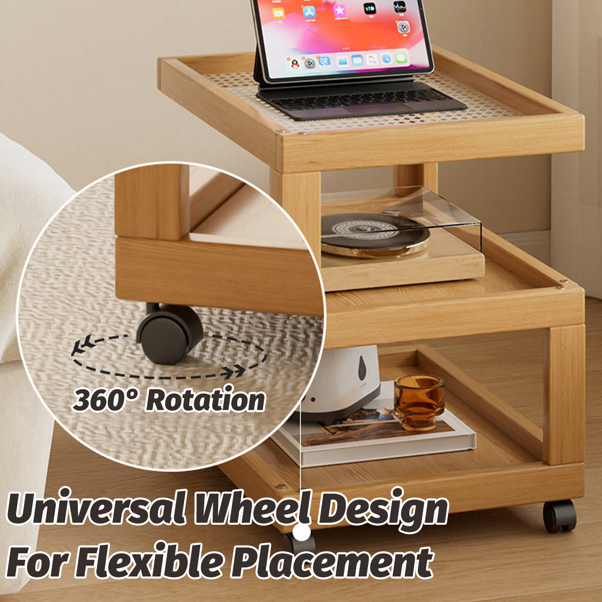 Movable Coffee Table with Universal Wheels Rattan Laminate Top