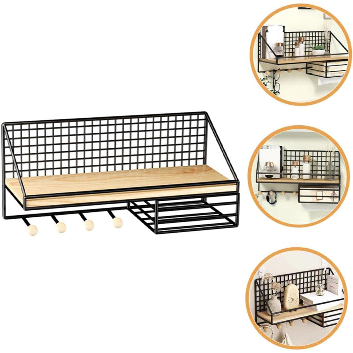 Wall Mounted Iron Storage Rack with Hooks and Tissue Holder