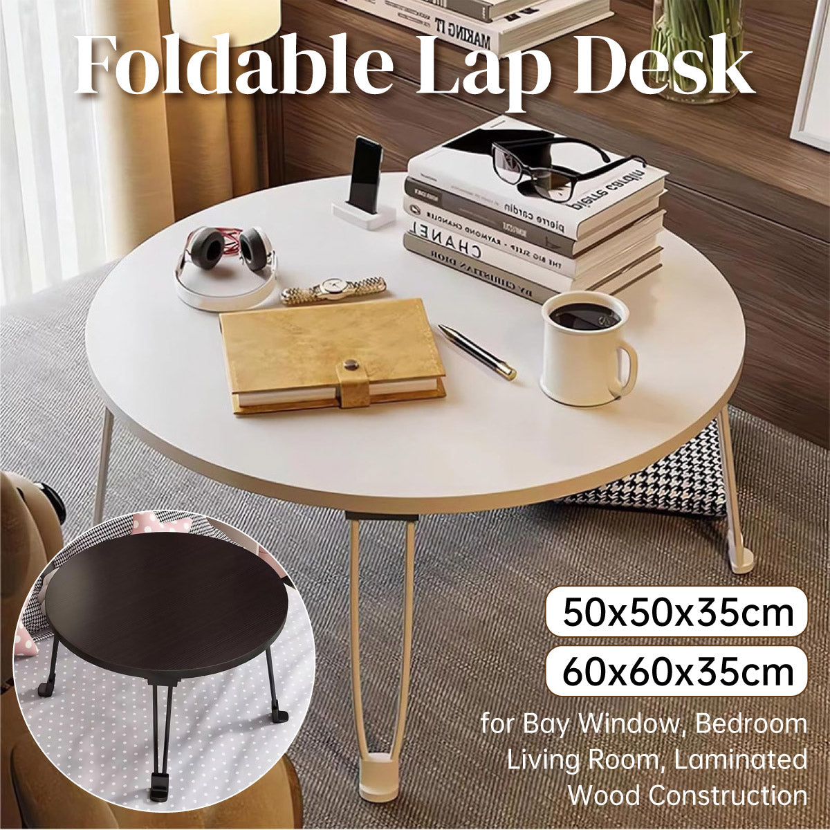 Foldable Round Coffee Table with MDF Top and Metal Legs