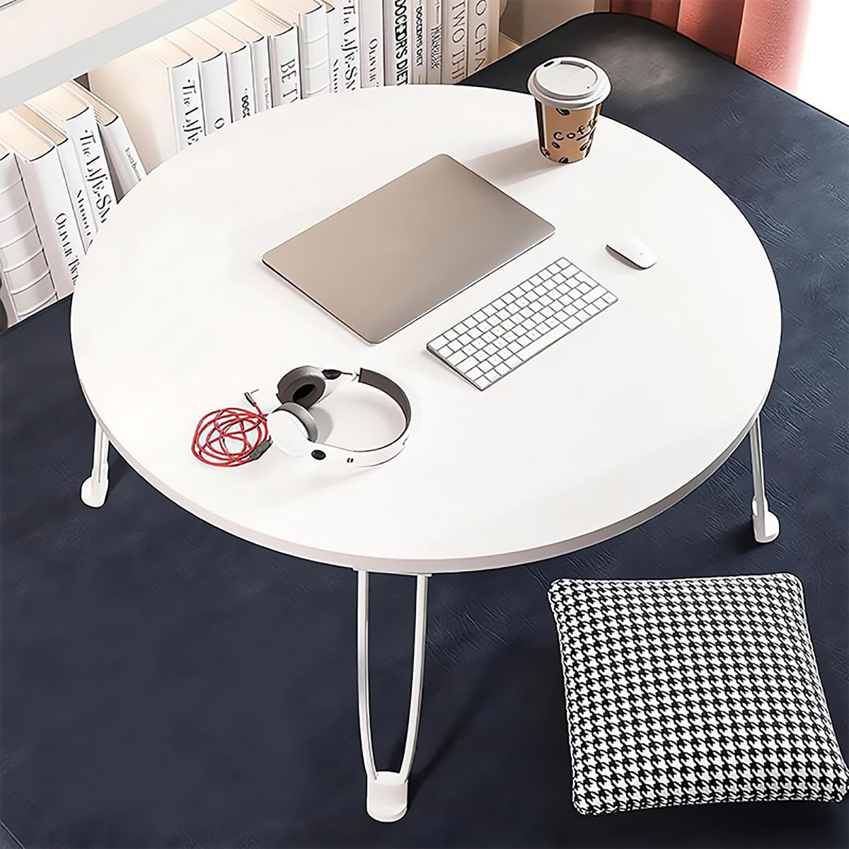 Foldable Round Coffee Table with MDF Top and Metal Legs