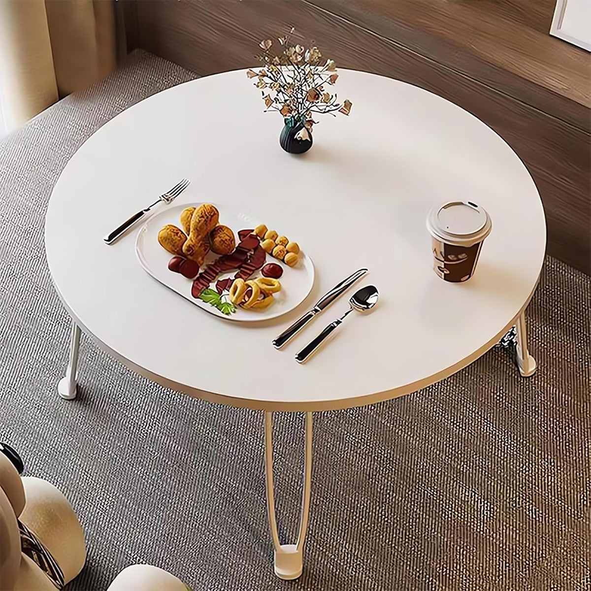 Foldable Round Coffee Table with MDF Top and Metal Legs