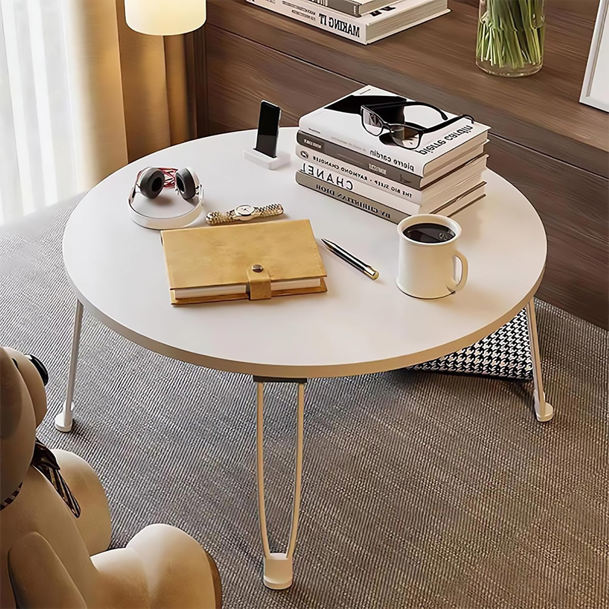 Foldable Round Coffee Table with MDF Top and Metal Legs