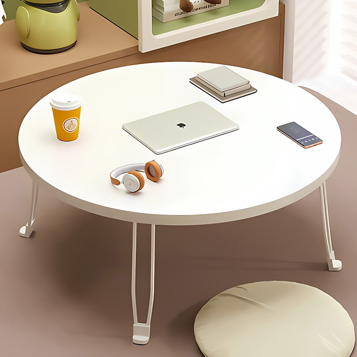 Foldable Round Coffee Table with MDF Top and Metal Legs