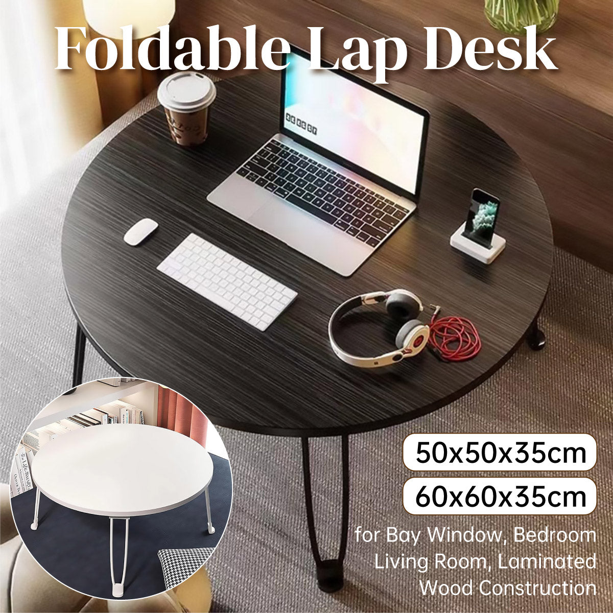 Foldable Round Coffee Table with MDF Top and Metal Legs