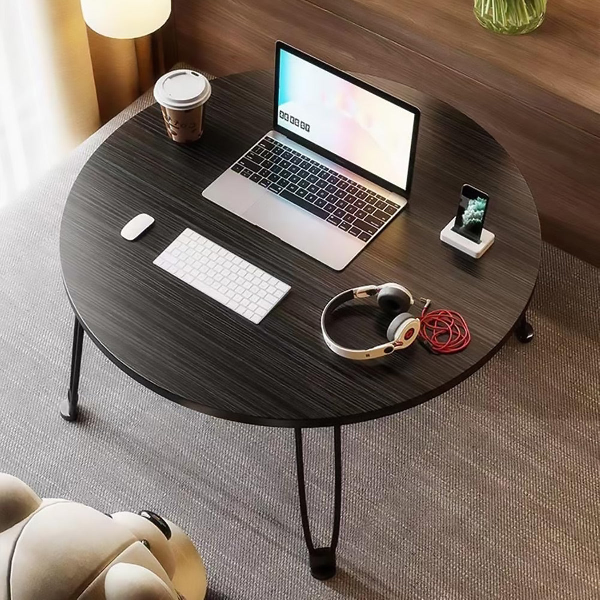 Foldable Round Coffee Table with MDF Top and Metal Legs