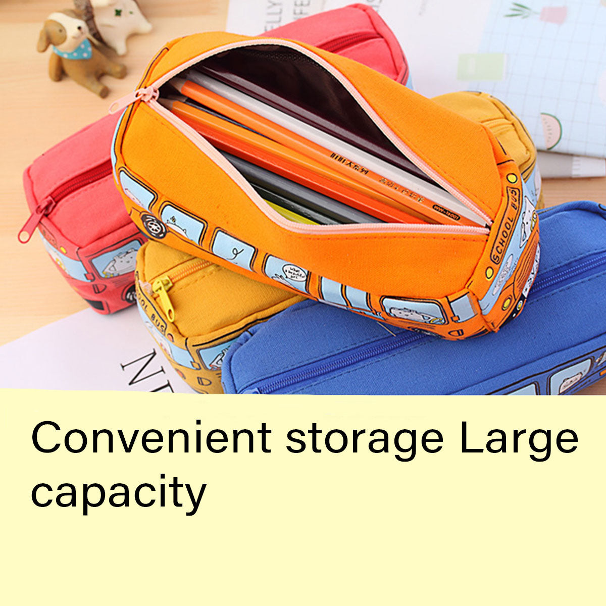 4 Pcs Cartoon Bus Pencil Case Large Capacity Washable Canvas