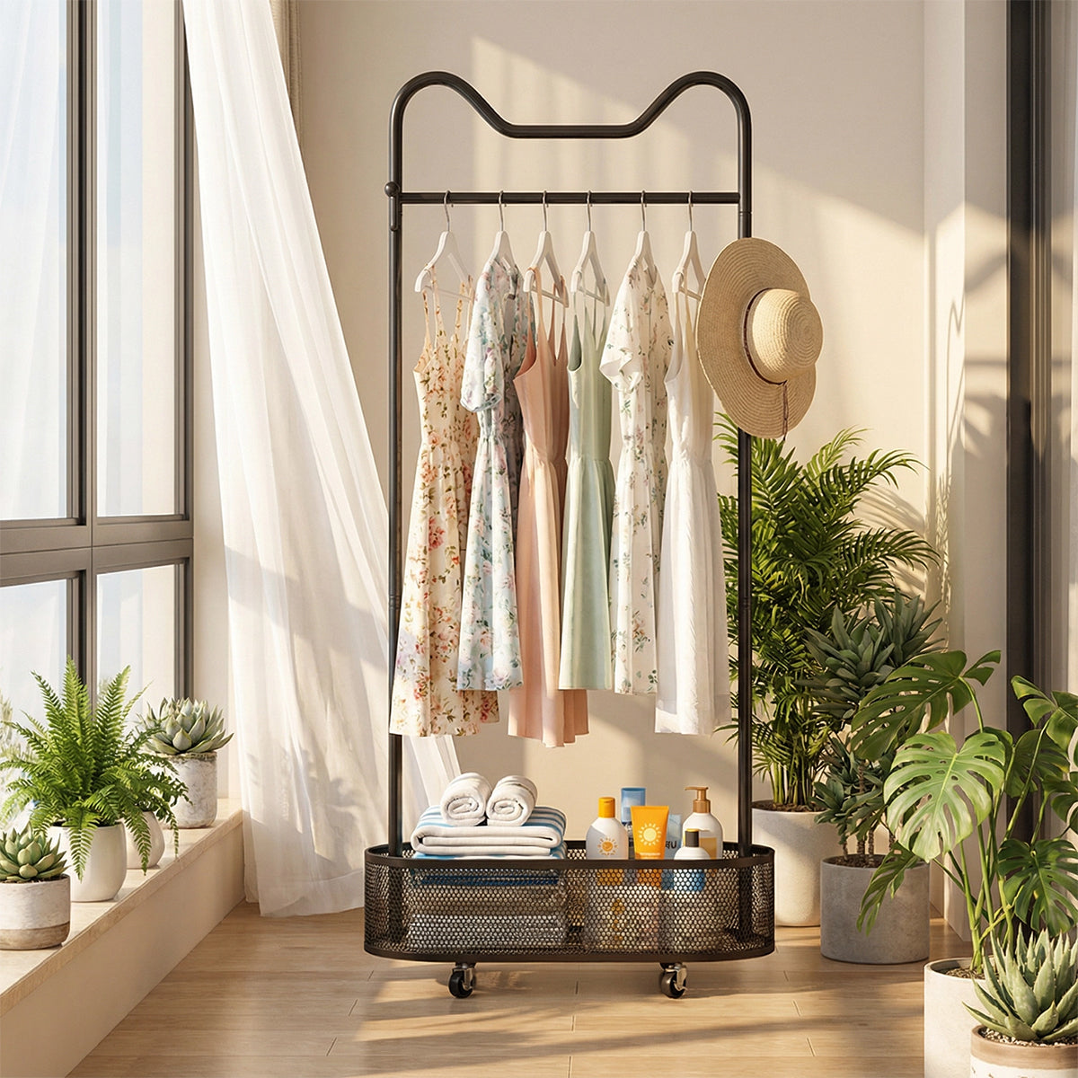 Moveable Clothes Rack with Wheels Basket and Hooks