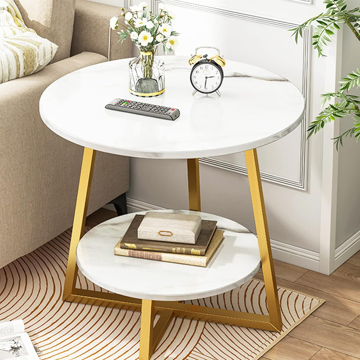 2 Tier Round Side Table White Marble Design Metal Frame