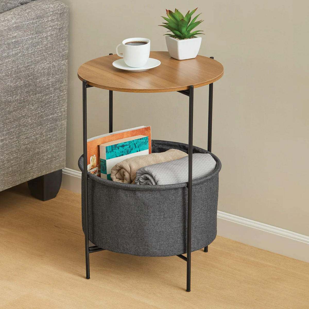 Round Side Table with Storage Basket for Breakroom and Living Room