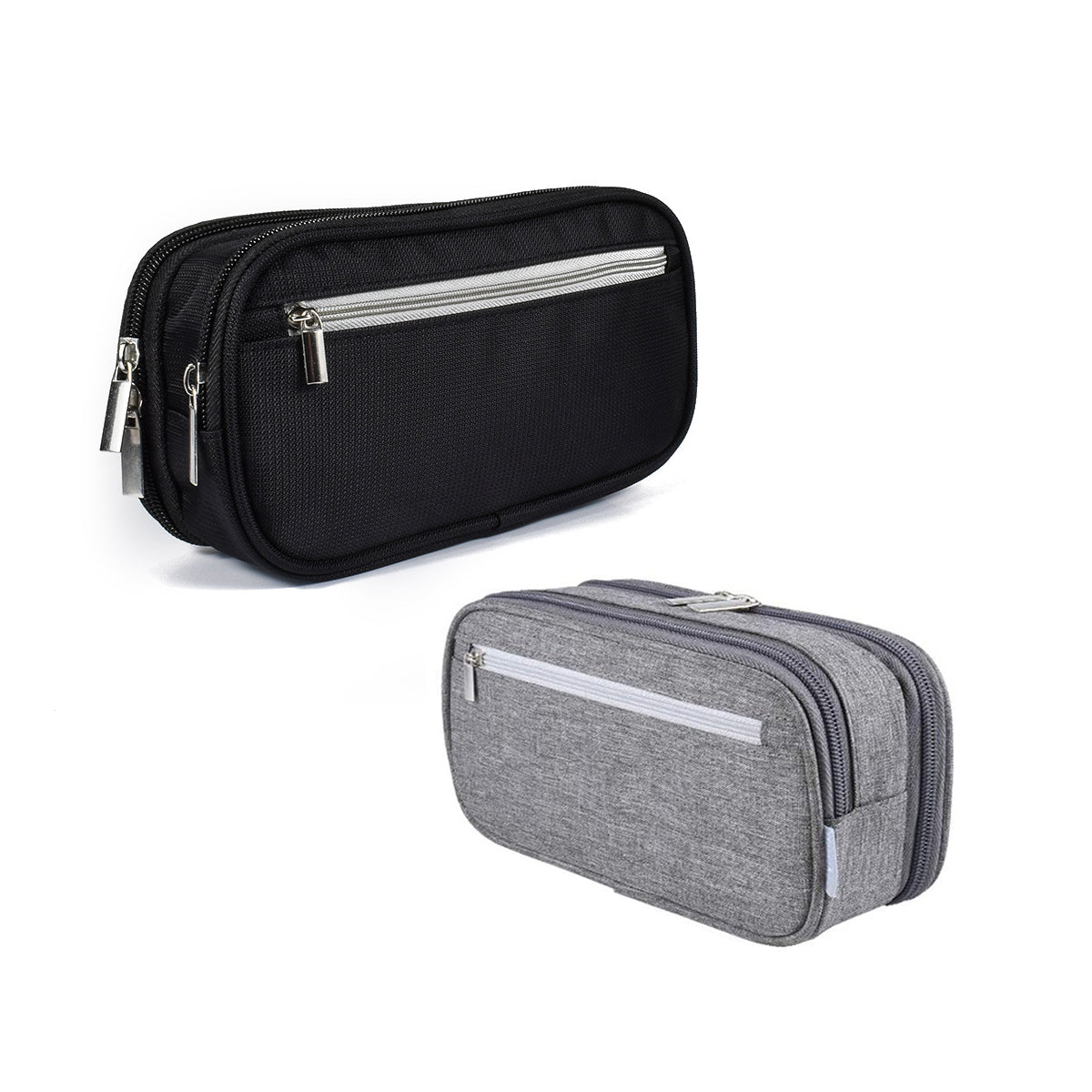 2 Pcs Large Capacity Pencil Case Waterproof 3 Layer Black Grey
