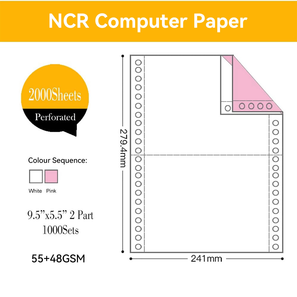 2000 Sheets 3-Part NCR Computer Paper Perforated