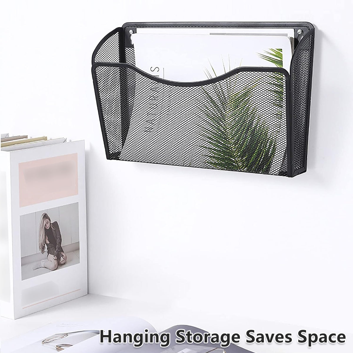 Wall Mounted Mesh File Organizer Rack Black Metal 35×10.5×22cm