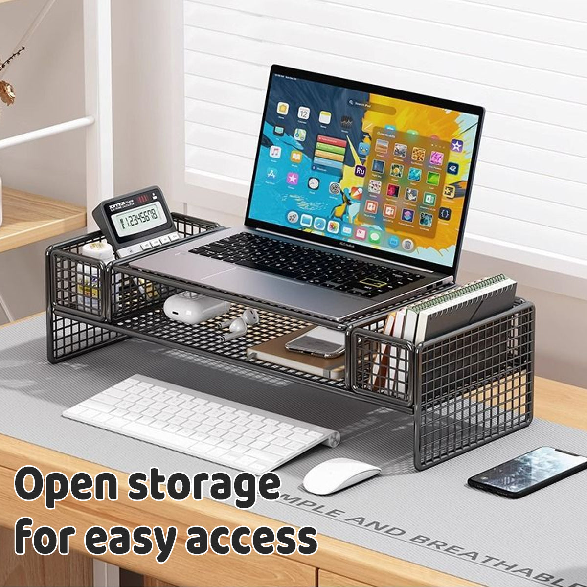 Monitor and Laptop Riser with Ventilated Black Metal Shelf