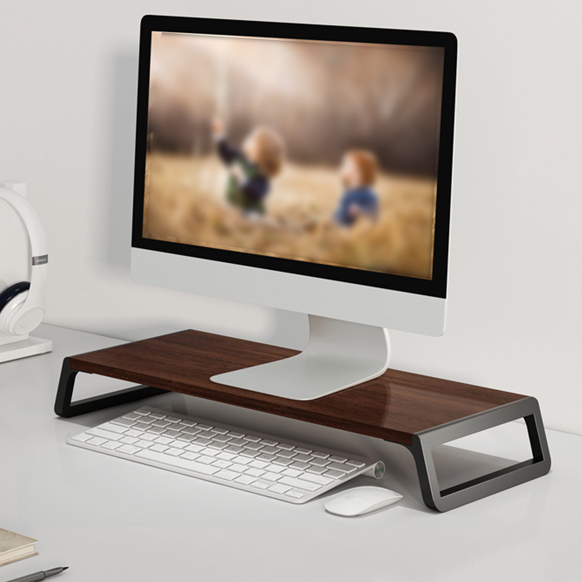 Computer Monitor Riser with Hidden Storage Wood Top Metal