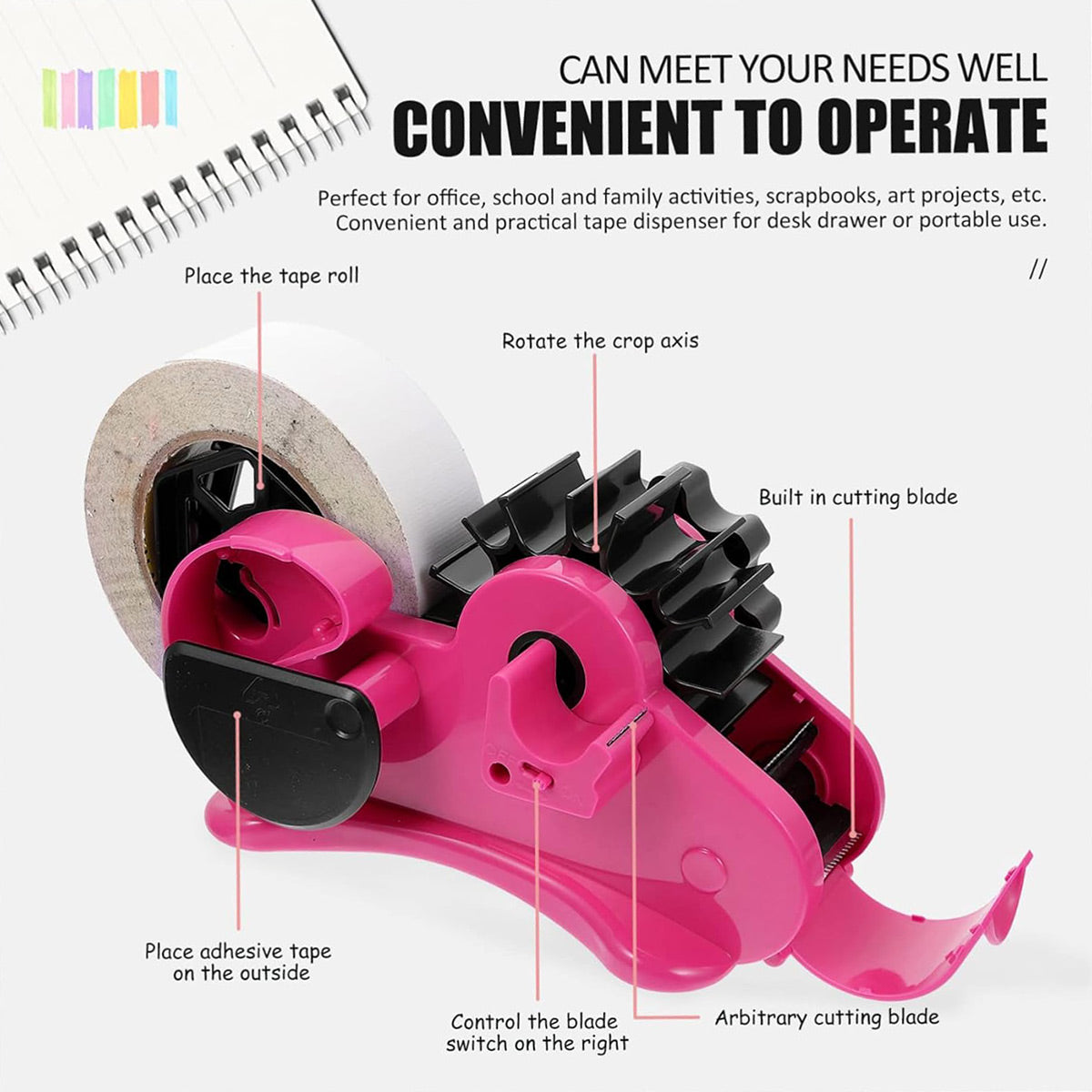 Multifunctional Tape Dispenser with Adjustable Cutting Blade and Storage