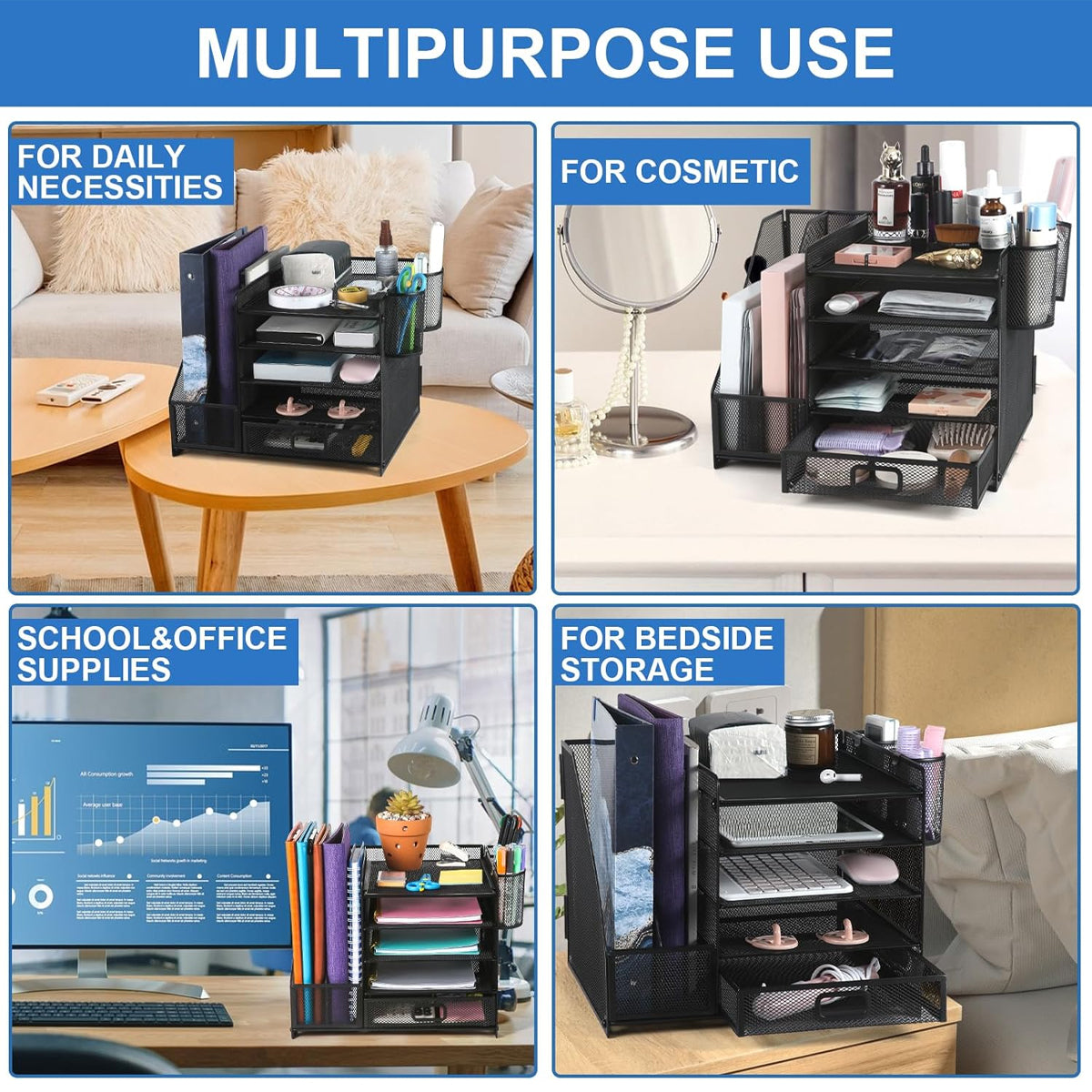 Multi-Tier Desktop File Organizer Metal Mesh Drawer