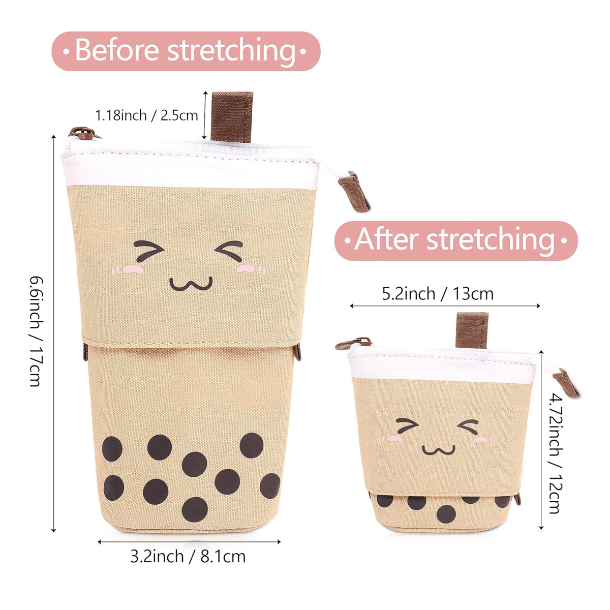 2 Pcs Bubble Tea Telescopic Pencil Case Canvas Beige Pink