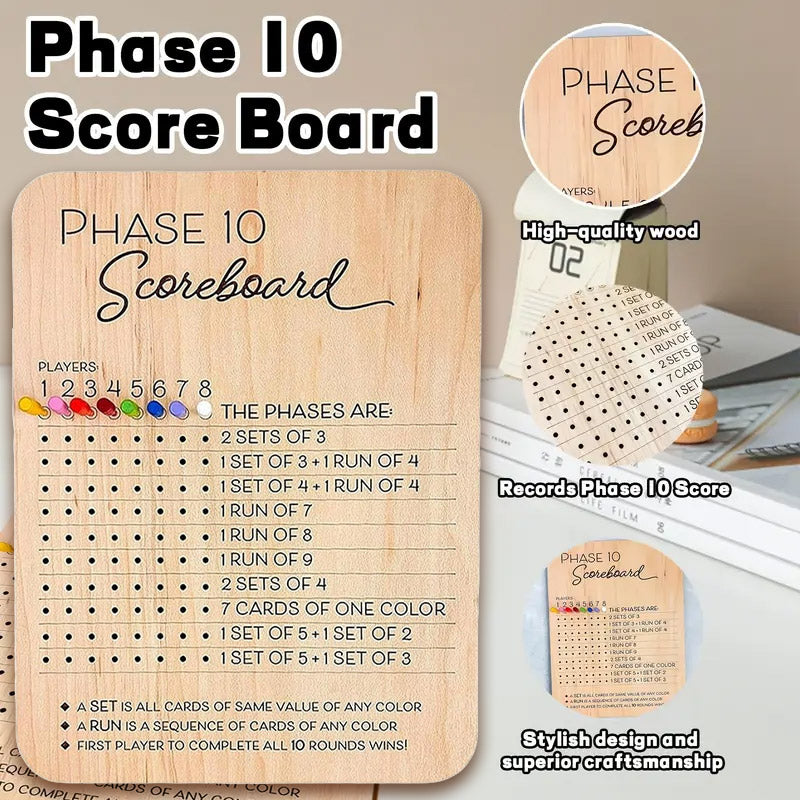 Reusable Wooden Phase 10 Scoreboard with Pegs for 8 Players