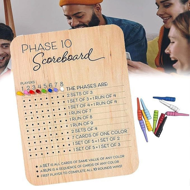 Reusable Wooden Phase 10 Scoreboard with Pegs for 8 Players