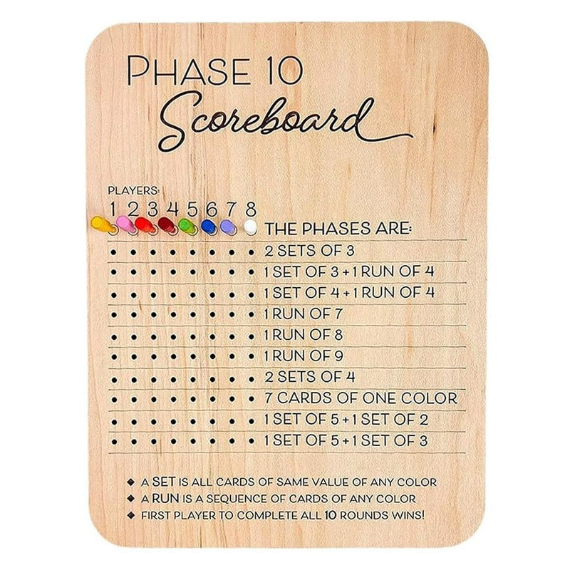 Reusable Wooden Phase 10 Scoreboard with Pegs for 8 Players