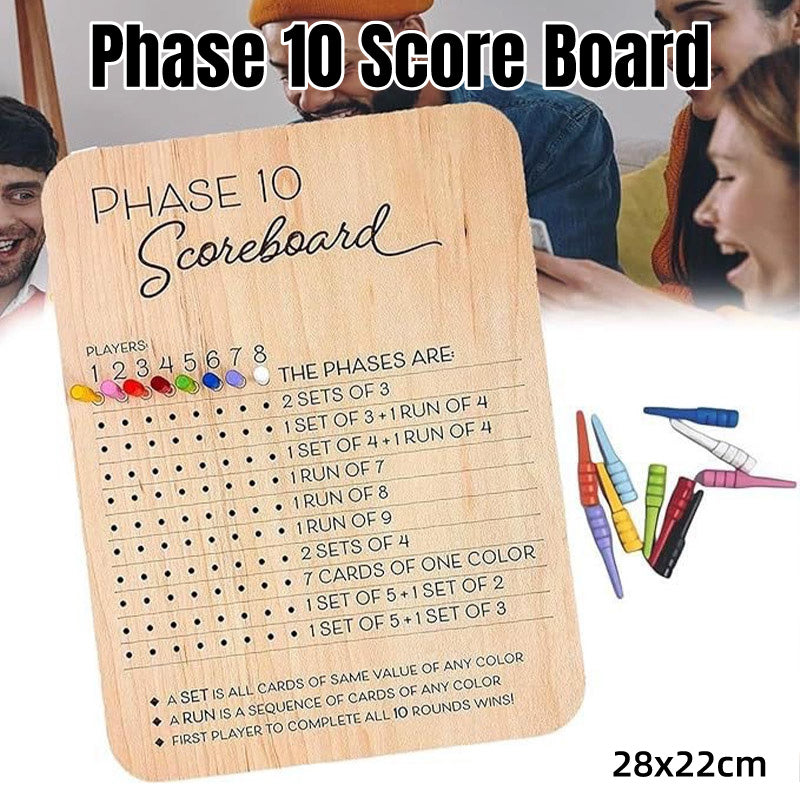 Reusable Wooden Phase 10 Scoreboard with Pegs for 8 Players