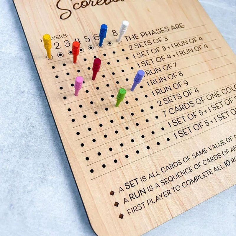 Reusable Wooden Phase 10 Scoreboard with Pegs for 8 Players