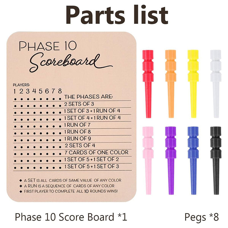 Reusable Wooden Phase 10 Scoreboard with Pegs for 8 Players